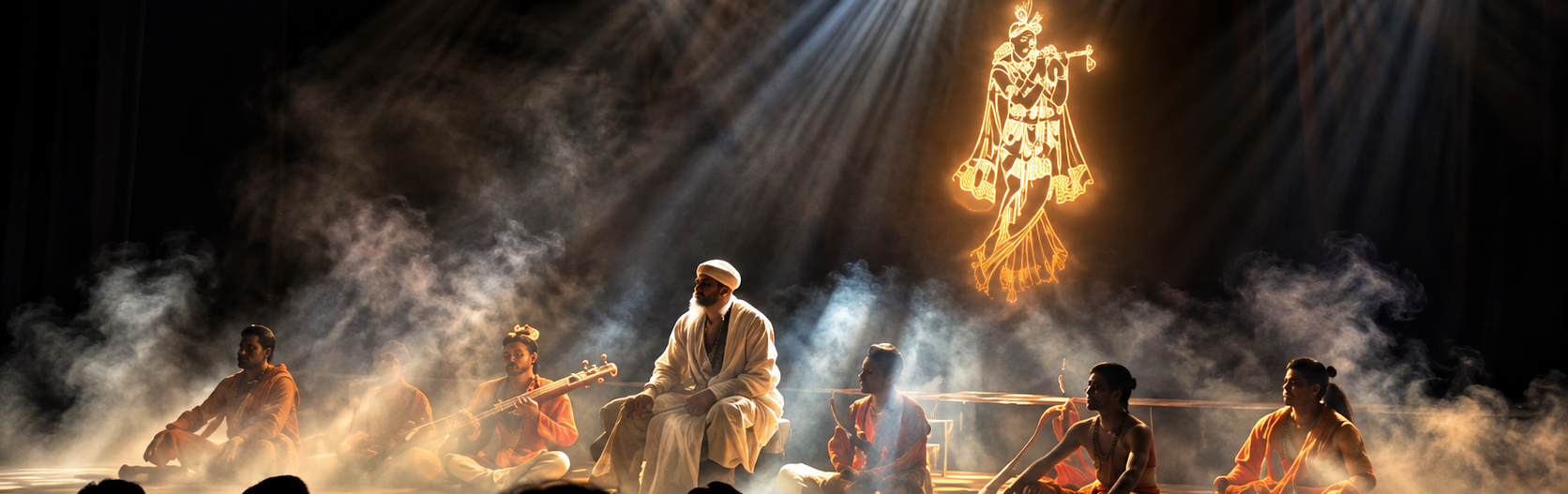 Theatre performers seated beneath spotlights and golden flute-player artwork